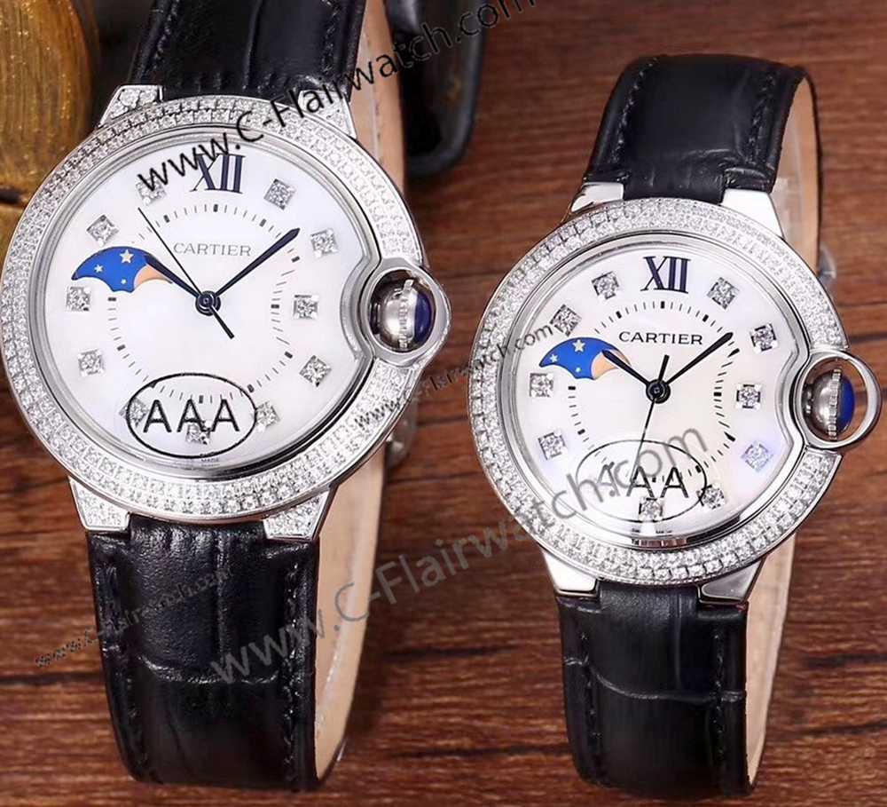 Diamond Cartier Ballon Bleu Watch Replica SS Black Strap